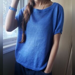 Naif Montreal 100% Linen Blue Short Sleeve Knit Top